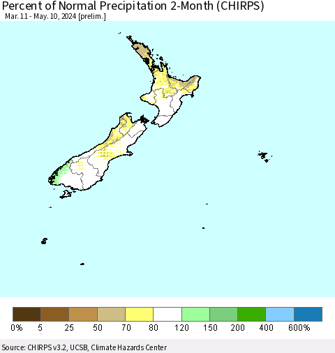 New Zealand Percent of Normal Precipitation 2-Month (CHIRPS) Thematic Map For 3/11/2024 - 5/10/2024