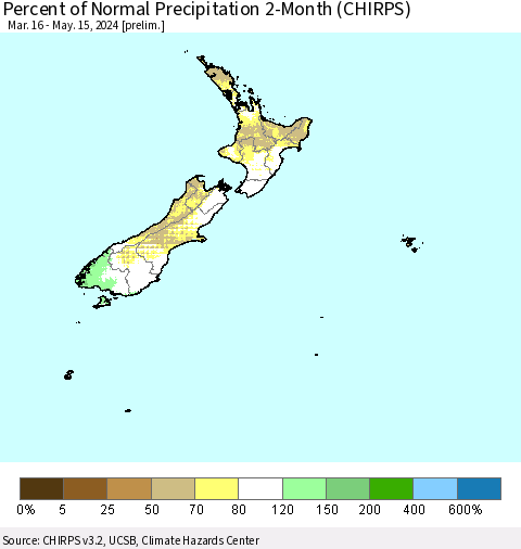 New Zealand Percent of Normal Precipitation 2-Month (CHIRPS) Thematic Map For 3/16/2024 - 5/15/2024
