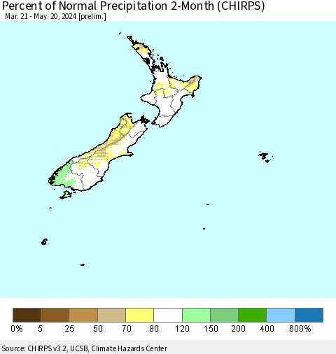 New Zealand Percent of Normal Precipitation 2-Month (CHIRPS) Thematic Map For 3/21/2024 - 5/20/2024