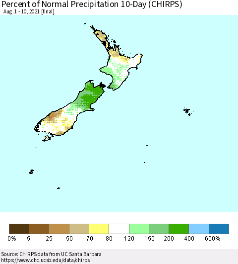 New Zealand Percent of Normal Precipitation 10-Day (CHIRPS) Thematic Map For 8/1/2021 - 8/10/2021