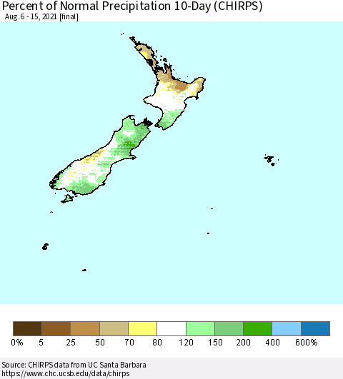 New Zealand Percent of Normal Precipitation 10-Day (CHIRPS) Thematic Map For 8/6/2021 - 8/15/2021