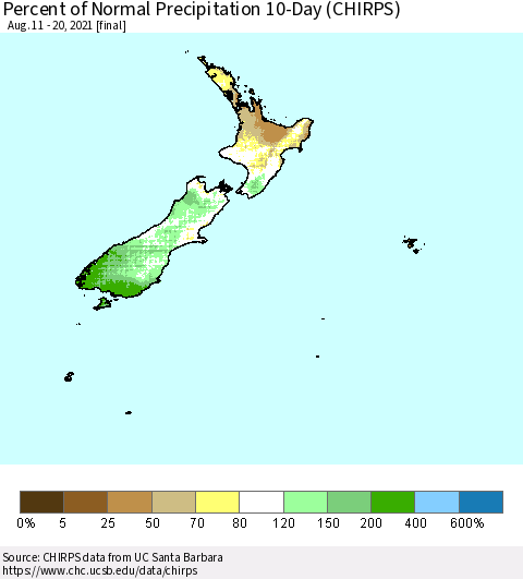 New Zealand Percent of Normal Precipitation 10-Day (CHIRPS) Thematic Map For 8/11/2021 - 8/20/2021