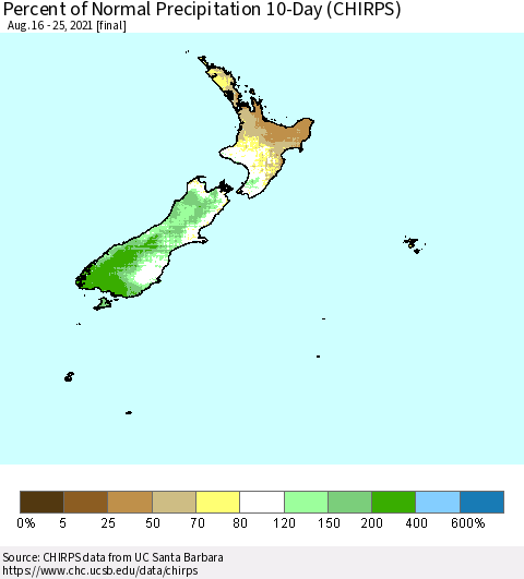 New Zealand Percent of Normal Precipitation 10-Day (CHIRPS) Thematic Map For 8/16/2021 - 8/25/2021