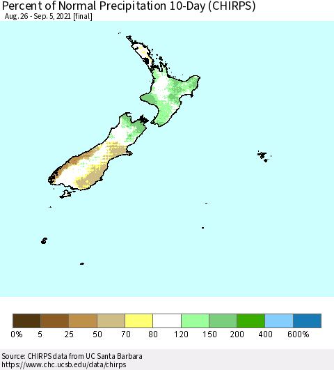 New Zealand Percent of Normal Precipitation 10-Day (CHIRPS) Thematic Map For 8/26/2021 - 9/5/2021
