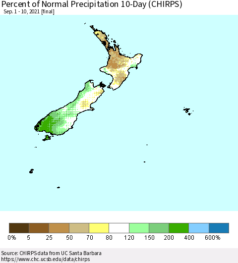 New Zealand Percent of Normal Precipitation 10-Day (CHIRPS) Thematic Map For 9/1/2021 - 9/10/2021