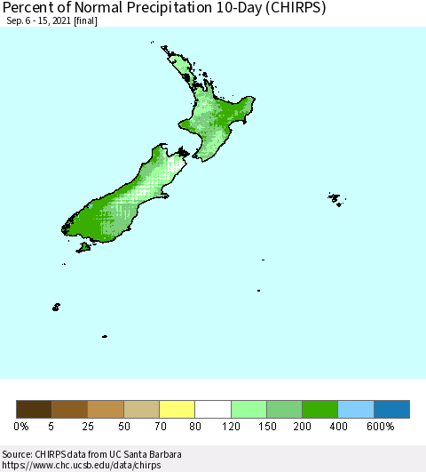 New Zealand Percent of Normal Precipitation 10-Day (CHIRPS) Thematic Map For 9/6/2021 - 9/15/2021