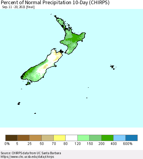 New Zealand Percent of Normal Precipitation 10-Day (CHIRPS) Thematic Map For 9/11/2021 - 9/20/2021