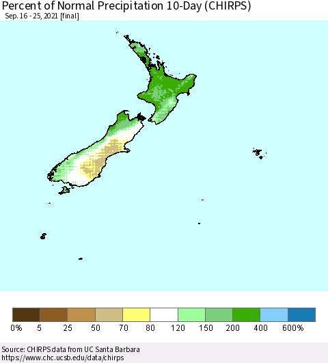 New Zealand Percent of Normal Precipitation 10-Day (CHIRPS) Thematic Map For 9/16/2021 - 9/25/2021