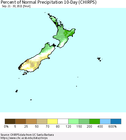 New Zealand Percent of Normal Precipitation 10-Day (CHIRPS) Thematic Map For 9/21/2021 - 9/30/2021