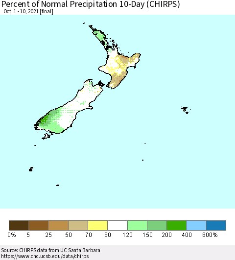 New Zealand Percent of Normal Precipitation 10-Day (CHIRPS) Thematic Map For 10/1/2021 - 10/10/2021