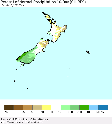 New Zealand Percent of Normal Precipitation 10-Day (CHIRPS) Thematic Map For 10/6/2021 - 10/15/2021