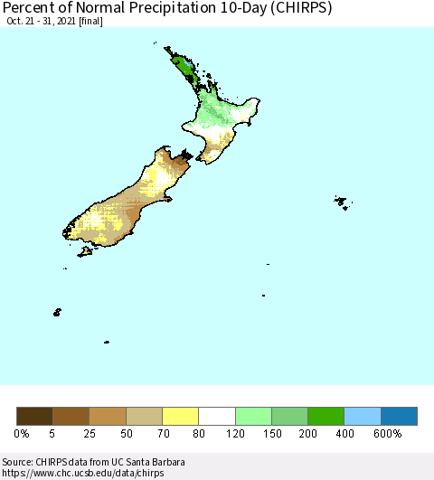 New Zealand Percent of Normal Precipitation 10-Day (CHIRPS) Thematic Map For 10/21/2021 - 10/31/2021