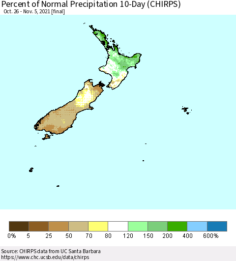 New Zealand Percent of Normal Precipitation 10-Day (CHIRPS) Thematic Map For 10/26/2021 - 11/5/2021