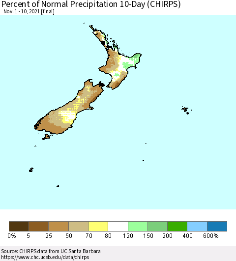 New Zealand Percent of Normal Precipitation 10-Day (CHIRPS) Thematic Map For 11/1/2021 - 11/10/2021