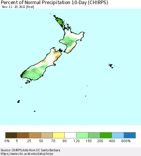 New Zealand Percent of Normal Precipitation 10-Day (CHIRPS) Thematic Map For 11/11/2021 - 11/20/2021