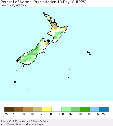 New Zealand Percent of Normal Precipitation 10-Day (CHIRPS) Thematic Map For 11/21/2021 - 11/30/2021