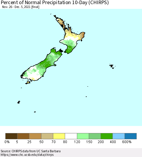 New Zealand Percent of Normal Precipitation 10-Day (CHIRPS) Thematic Map For 11/26/2021 - 12/5/2021