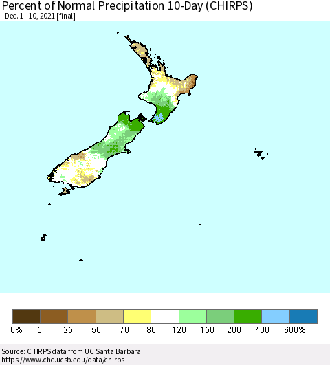 New Zealand Percent of Normal Precipitation 10-Day (CHIRPS) Thematic Map For 12/1/2021 - 12/10/2021
