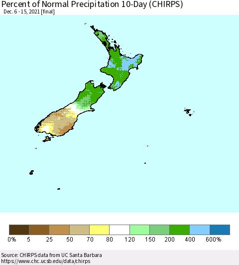 New Zealand Percent of Normal Precipitation 10-Day (CHIRPS) Thematic Map For 12/6/2021 - 12/15/2021
