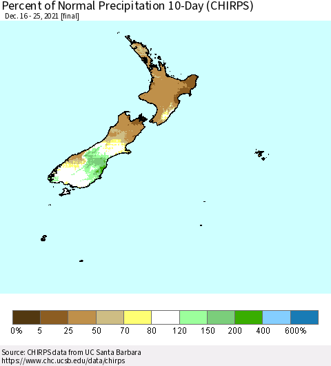 New Zealand Percent of Normal Precipitation 10-Day (CHIRPS) Thematic Map For 12/16/2021 - 12/25/2021