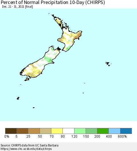 New Zealand Percent of Normal Precipitation 10-Day (CHIRPS) Thematic Map For 12/21/2021 - 12/31/2021