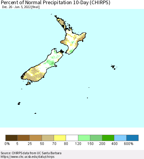 New Zealand Percent of Normal Precipitation 10-Day (CHIRPS) Thematic Map For 12/26/2021 - 1/5/2022