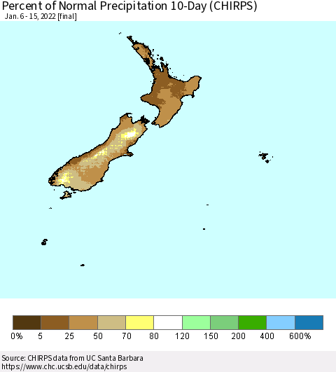 New Zealand Percent of Normal Precipitation 10-Day (CHIRPS) Thematic Map For 1/6/2022 - 1/15/2022