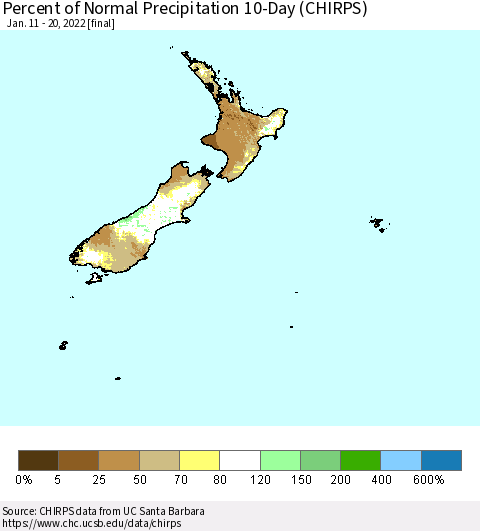 New Zealand Percent of Normal Precipitation 10-Day (CHIRPS) Thematic Map For 1/11/2022 - 1/20/2022