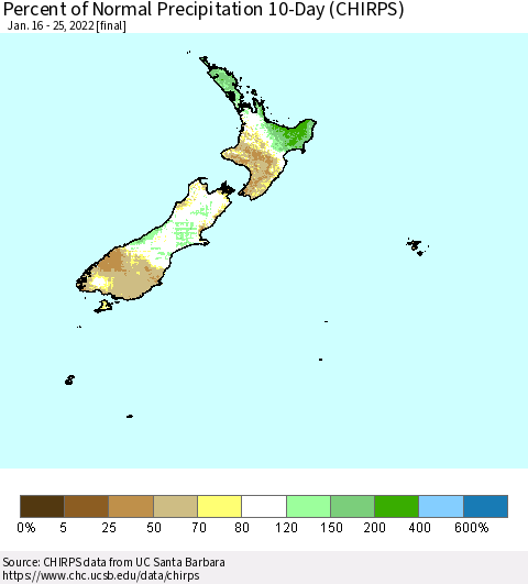New Zealand Percent of Normal Precipitation 10-Day (CHIRPS) Thematic Map For 1/16/2022 - 1/25/2022