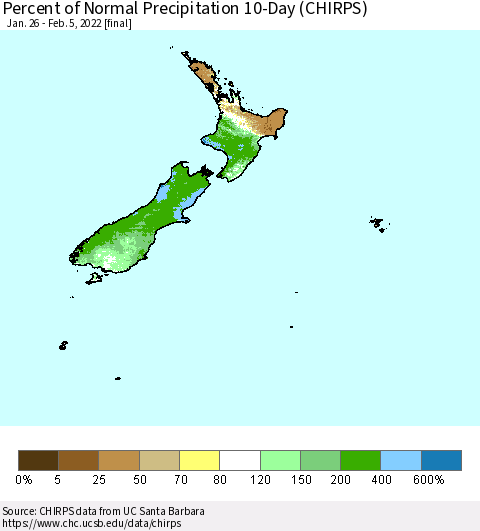 New Zealand Percent of Normal Precipitation 10-Day (CHIRPS) Thematic Map For 1/26/2022 - 2/5/2022