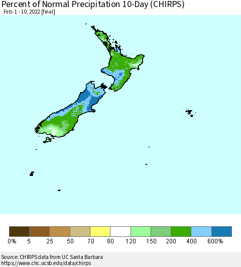 New Zealand Percent of Normal Precipitation 10-Day (CHIRPS) Thematic Map For 2/1/2022 - 2/10/2022