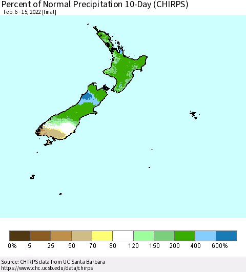 New Zealand Percent of Normal Precipitation 10-Day (CHIRPS) Thematic Map For 2/6/2022 - 2/15/2022