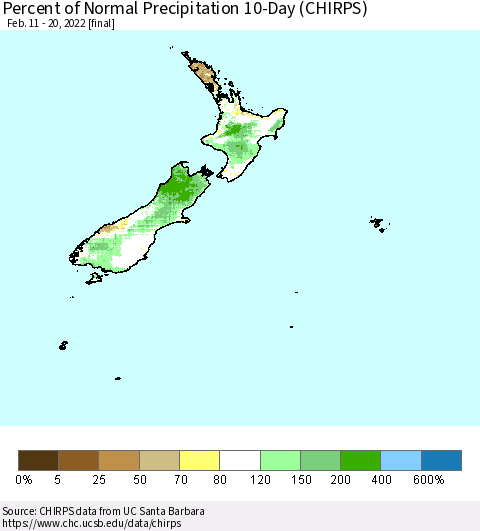 New Zealand Percent of Normal Precipitation 10-Day (CHIRPS) Thematic Map For 2/11/2022 - 2/20/2022
