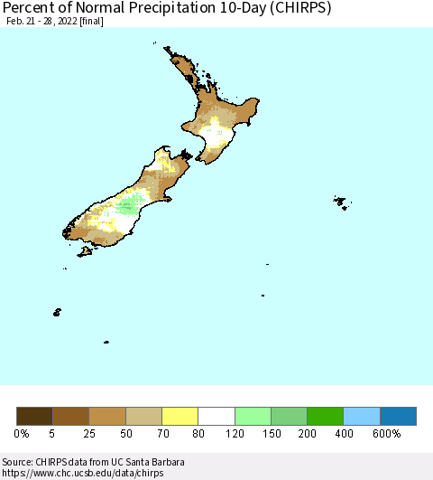 New Zealand Percent of Normal Precipitation 10-Day (CHIRPS) Thematic Map For 2/21/2022 - 2/28/2022