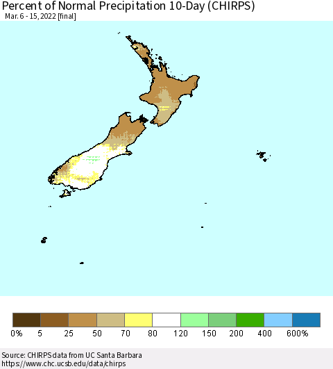 New Zealand Percent of Normal Precipitation 10-Day (CHIRPS) Thematic Map For 3/6/2022 - 3/15/2022