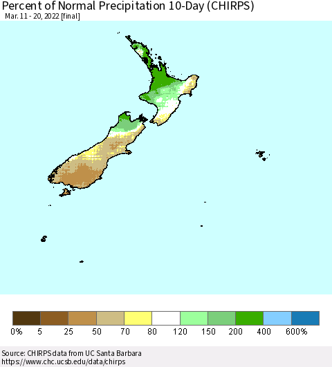 New Zealand Percent of Normal Precipitation 10-Day (CHIRPS) Thematic Map For 3/11/2022 - 3/20/2022