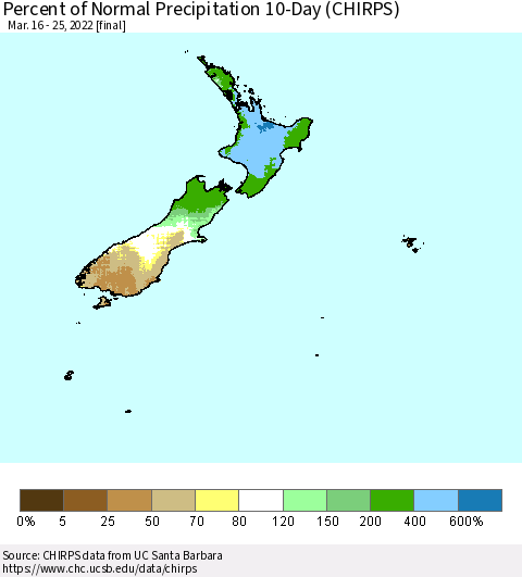 New Zealand Percent of Normal Precipitation 10-Day (CHIRPS) Thematic Map For 3/16/2022 - 3/25/2022