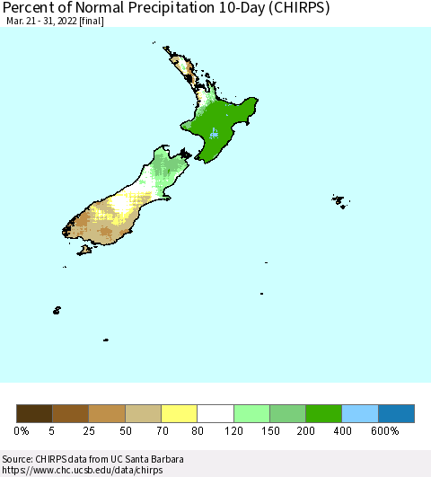 New Zealand Percent of Normal Precipitation 10-Day (CHIRPS) Thematic Map For 3/21/2022 - 3/31/2022