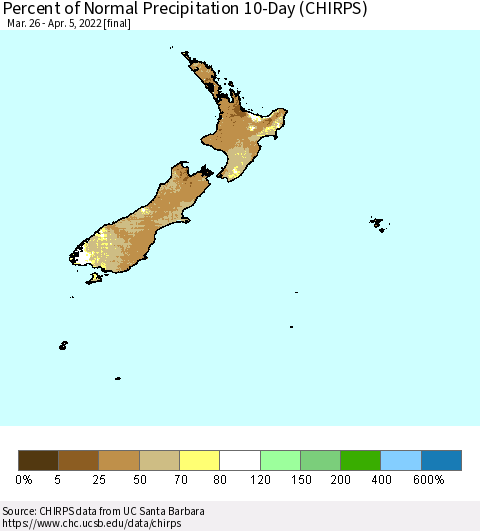 New Zealand Percent of Normal Precipitation 10-Day (CHIRPS) Thematic Map For 3/26/2022 - 4/5/2022
