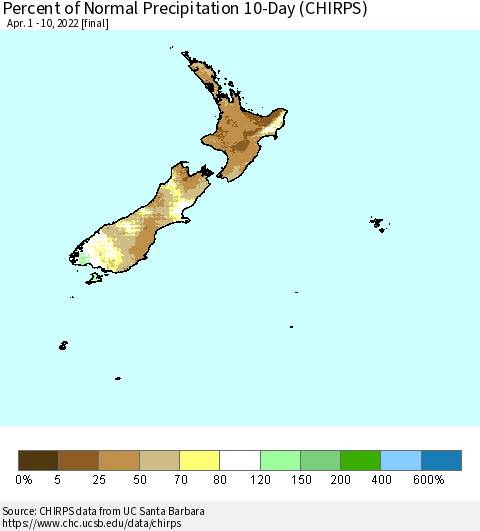 New Zealand Percent of Normal Precipitation 10-Day (CHIRPS) Thematic Map For 4/1/2022 - 4/10/2022