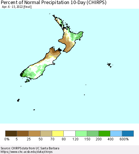 New Zealand Percent of Normal Precipitation 10-Day (CHIRPS) Thematic Map For 4/6/2022 - 4/15/2022