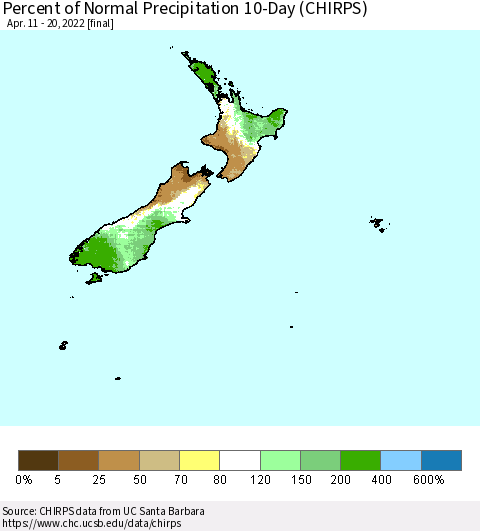 New Zealand Percent of Normal Precipitation 10-Day (CHIRPS) Thematic Map For 4/11/2022 - 4/20/2022