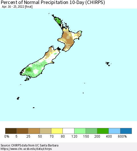 New Zealand Percent of Normal Precipitation 10-Day (CHIRPS) Thematic Map For 4/16/2022 - 4/25/2022