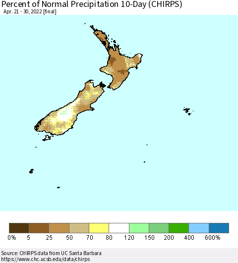New Zealand Percent of Normal Precipitation 10-Day (CHIRPS) Thematic Map For 4/21/2022 - 4/30/2022