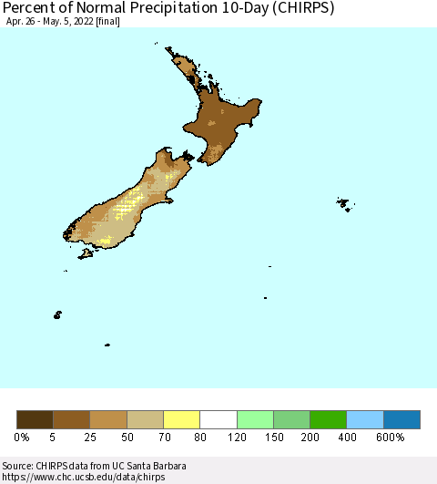 New Zealand Percent of Normal Precipitation 10-Day (CHIRPS) Thematic Map For 4/26/2022 - 5/5/2022