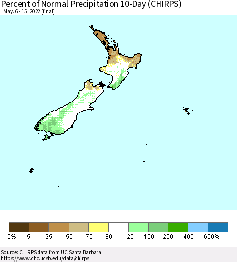 New Zealand Percent of Normal Precipitation 10-Day (CHIRPS) Thematic Map For 5/6/2022 - 5/15/2022