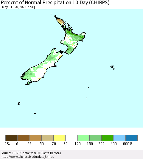 New Zealand Percent of Normal Precipitation 10-Day (CHIRPS) Thematic Map For 5/11/2022 - 5/20/2022