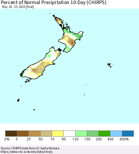 New Zealand Percent of Normal Precipitation 10-Day (CHIRPS) Thematic Map For 5/16/2022 - 5/25/2022