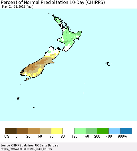New Zealand Percent of Normal Precipitation 10-Day (CHIRPS) Thematic Map For 5/21/2022 - 5/31/2022