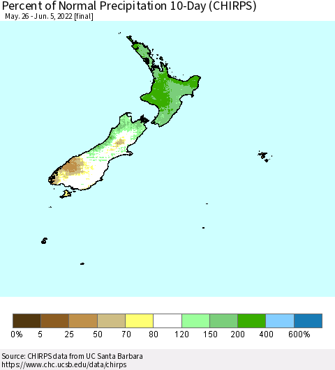 New Zealand Percent of Normal Precipitation 10-Day (CHIRPS) Thematic Map For 5/26/2022 - 6/5/2022